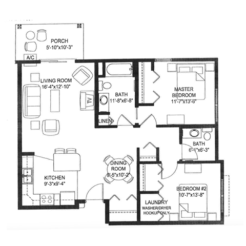 Floor plan for 2 beds, 1.5 baths, 1015 sqft